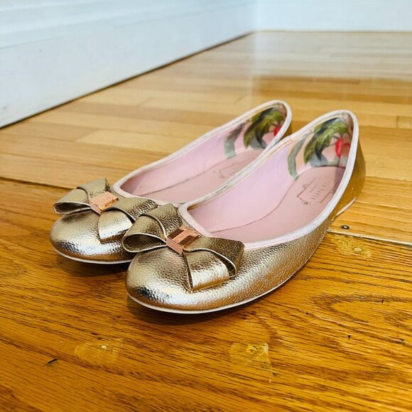 TED BAKER LONDON SATIN W/GOLD BOW BALLET FLATS WOMEN SHOES US 7.5/EU 38 - Picture 7 of 16